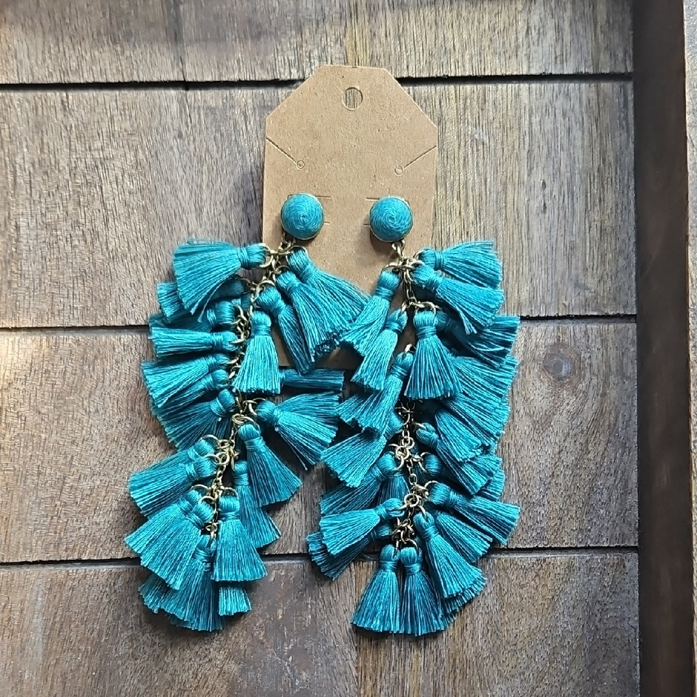 Joyfolie Teal Tassel Statement Earrings